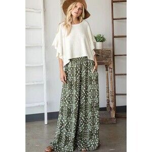 Bucketlist Pants Womens Size M Smocked Waist Wide Leg Maxi Pants Pockets Boho